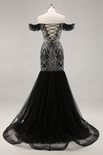 Off the Shoulder Beaded Mermaid Black Prom Dress